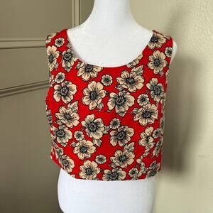 Forever 21 Plus Size 0X (14-16) Red Floral Crop Top Cotton Piqué Exposed Zipper